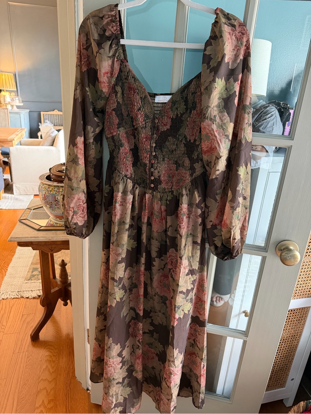 everleigh Floral Smocked Midi Dress in Brown, Pink and Green